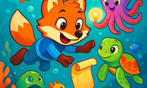 Un renard espiègle aux yeux pétillants et à la fourrure orange vif, portant une combinaison de plongée bleue, nage avec enthousiasme dans une mer turquoise, entouré de poissons colorés. Il sourit en tendant ses pattes vers un vieux parchemin flottant, illuminé par la lumière du soleil. À ses côtés, une tortue verte au regard doux, avec une carapace colorée, l'observe avec curiosité, tandis qu'un poulpe vibrant nage derrière eux. Le fond marin est rempli de coraux multicolores et de bulles scintillantes, créant une ambiance magique. Le renard et ses amis explorent les merveilles sous-marines, découvrant des abris cachés et partageant des rires dans un courant doux.