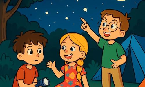 Trois personnages sont présents : Tom, un garçon de 10 ans aux cheveux bruns en bataille et aux yeux bleus, assis sur l'herbe avec une lampe de poche, curieux ; Léa, une fille de 9 ans avec des cheveux blonds tressés en robe à fleurs, souriante et gesticulant en parlant des étoiles ; et Hugo, un garçon de 10 ans avec des cheveux châtains et des lunettes rondes, debout, pointant vers le ciel étoilé, émerveillé. L'action se déroule dans un jardin verdoyant sous un ciel nocturne rempli d'étoiles et d'une lune douce, illuminant des tentes colorées. Les enfants partagent des histoires autour d'une lanterne, leurs visages éclairés par sa lumière, créant une ambiance chaleureuse malgré l'obscurité.