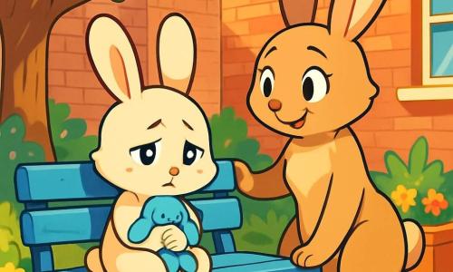Milo, un petit lapin crème aux grandes oreilles, est assis sur un banc bleu dans une cour ensoleillée. Son visage exprime une douce mélancolie, tenant son doudou bleu, Doux, contre son cœur. À côté de lui, Maman Lila, une lapine brune aux yeux chaleureux, se tient debout avec un sourire réconfortant, mais une légère inquiétude dans le regard. La cour, animée, est entourée de murs de briques rouges et d'un vieux figuier, avec des fleurs colorées et des rayons de soleil filtrant à travers les feuilles. Milo et Maman Lila partagent un moment de calme, où Milo cherche réconfort, entouré par la vie de la cour.
