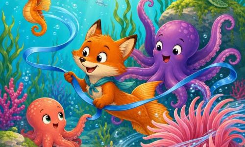 Léo, un renard marin anthropomorphe au pelage roux, tient un long ruban bleu qui flotte vers la gauche; Rita, une pieuvre pourpre aux tentacules souples, bat joyeusement des tentacules derrière lui; Polie, une petite pieuvre corail timide, se niche près d'une pierre et tend un tentacule pour toucher le ruban, visage émerveillé; un petit hippocampe orange file à gauche en indiquant le courant avec sa queue, air espiègle; une tortue verte à carapace mouchetée observe calmement depuis un rocher couvert d'algues; fond marin clair et lumineux avec eau turquoise, rayons de soleil, algues ondulantes, coraux colorés, une grande anémone rose, bulles et petits poissons argentés; scène joyeuse et dynamique montrant la découverte du courant par Léo, expressions d'émerveillement et mouvement fluide de l'eau.