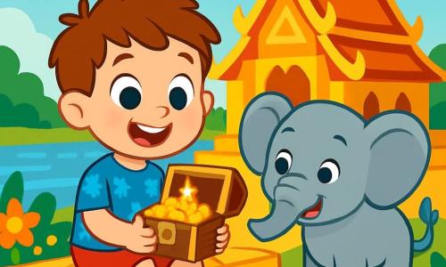 Un petit garçon de 4 ans, Léo, a de grands yeux brillants et un sourire joyeux. Il porte un t-shirt bleu avec des éléphants et un short rouge, assis sur le bord d'un temple doré, tenant un coffre en bois ouvert, émerveillé par ses trésors. À côté de lui, un éléphant gris nommé Nono, avec de grandes oreilles et des yeux malicieux, le regarde avec affection. Le temple thaïlandais scintille sous le soleil, entouré de fleurs colorées et d'une rivière brillante. La scène dégage une atmosphère magique et joyeuse, célébrant leur découverte ensemble dans la beauté de Bangkok.