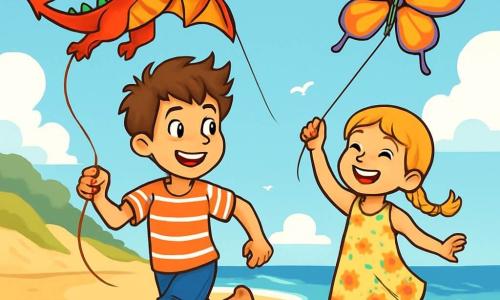 Lucas, un garçon de 12 ans aux cheveux bruns en bataille et aux yeux pétillants, court sur la plage avec un cerf-volant en forme de dragon. Il porte un t-shirt rayé et un short bleu, affichant une grande excitation. À ses côtés, sa sœur Emma, 8 ans, avec des cheveux blonds tressés, tient un cerf-volant en forme de papillon, sautillant de joie. Elle est vêtue d'une robe légère à fleurs. La plage est ensoleillée, avec du sable doré, des vagues scintillantes et des dunes verdoyantes en arrière-plan. Lucas et Emma sont en compétition amicale, entourés d'autres enfants qui les encouragent, tous profitant de cette journée joyeuse et aventureuse.