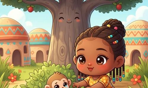 Amina, femme souriante au visage rond, peau brune et cheveux tressés ornés de perles, est accroupie dans une clairière ensoleillée près d’un village africain coloré pour dégager un petit buisson et sauver doucement un jeune singe mâle brun coincé, tendant la main ; un grand baobab au tronc massif se dresse derrière eux, l’ambiance est chaleureuse et lumineuse avec herbes vertes, fleurs et maisons peintes, palette vive, style chibi kawaii aux personnages ronds et enfantins.