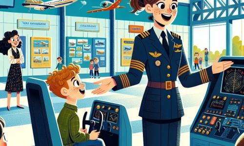 Clara, pilote d'avion, sourit avec passion, vêtue d'une combinaison de vol bleu marine avec un insigne doré et les cheveux en queue de cheval. Elle explique avec enthousiasme aux enfants comment piloter un avion, alors que Tom, un garçon de 10 ans aux taches de rousseur, est assis dans le cockpit du simulateur, fasciné. Emma, une fille de 9 ans aux cheveux bouclés, attend son tour avec impatience. La scène se déroule dans un musée de l'aviation, entouré d'avions suspendus et de maquettes. Clara guide Tom dans le simulateur, prêts à décoller dans un ciel bleu parsemé de nuages, tandis que les enfants découvrent l'univers captivant de l'aviation.