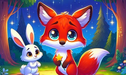 Un jeune renard au pelage roux éclatant, avec de grands yeux brillants et une expression coupable, se tient dans une clairière sous un ciel étoilé. Il regarde vers le bas, tenant une petite étoile en papier dans sa patte. À côté de lui, un lapin blanc aux grandes oreilles, avec un air sérieux, l'observe en se tenant sur ses pattes arrière, prêt à lui parler. La clairière est entourée d'arbres majestueux, et des étoiles scintillantes illuminent le ciel nocturne. Rafi, le renard, se sent mal à l'aise après avoir menti à sa maman, tandis que Léon, le lapin, lui offre un soutien amical pour l'encourager à dire la vérité.