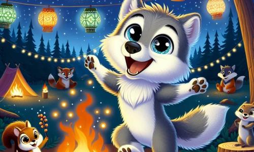 Un petit loup nommé Léo, avec une fourrure argentée et des yeux brillants, danse autour d'un feu de camp, entouré de lanternes scintillantes, célébrant le Nouvel An. À ses côtés, un écureuil nommé Pipo, avec une fourrure brune, saute de joie en tenant une branche décorée de baies lumineuses. En arrière-plan, la clairière est illuminée par des lanternes colorées, tandis que des étoiles brillent dans le ciel nocturne. Des animaux de la forêt se rassemblent autour du feu, partageant des histoires. La scène évoque la magie d'une fête joyeuse, où l'amitié et la communauté se mêlent sous un ciel étoilé, avec des feux d'artifice illuminant le visage émerveillé de Léo.