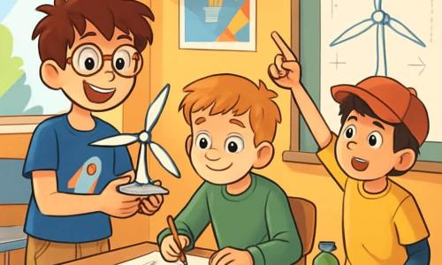 Trois personnages sont présents : Tom, un garçon de 11 ans aux cheveux bruns en bataille et lunettes rondes, souriant avec un modèle d'éolienne dans les mains ; Max, également âgé de 11 ans, avec des cheveux blonds et des taches de rousseur, assis sur une table, dessinant des plans pour l'éolienne ; et Hugo, avec des cheveux noirs et une casquette rouge, debout à côté de Tom, montrant un schéma sur un tableau. L'action se déroule dans une salle de classe lumineuse aux murs colorés, décorée de posters scientifiques. Les trois amis travaillent ensemble sur leur projet d'éolienne, montrant leur concentration et leur enthousiasme.