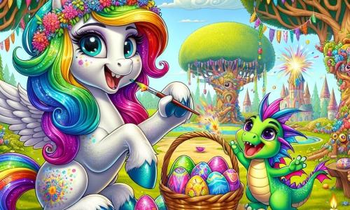 Flocon, une licorne aux crins multicolores et aux yeux malicieux, est au centre de la clairière, joyeuse alors qu'elle prépare une fête de Pâques en peignant des œufs colorés. À ses côtés, Paillette, un petit dragon aux écailles vertes, saute de joie en crachant des étincelles. La clairière, entourée d'arbres ornés de guirlandes d'œufs scintillants et de fleurs colorées, crée une ambiance festive. Flocon et Paillette préparent la fête, entourés de rires, tandis que les amis du village arrivent, impatients de découvrir les surprises.
