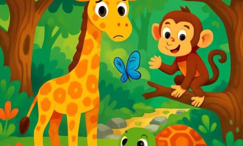 Une girafe nommée Lila se tient au centre de la forêt, ses yeux brillants d'inquiétude et ses taches dorées scintillant sous le soleil. Elle observe ses alentours, tandis que Malo le singe grimpe sur une branche, ses yeux malicieux scrutant la scène. Zoé la tortue avance lentement sur le sol, déterminée, et Oscar le papillon bleu vole autour d'eux, ses ailes scintillant. La forêt est dense et magique, avec des arbres noueux et des fleurs colorées. Au loin, un ruisseau asséché laisse entrevoir des pierres brillantes, et Lila s'inquiète de la manière dont elle et ses amis vont retrouver l'eau nécessaire à leur forêt enchantée.