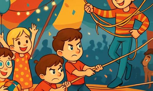 Quatre enfants sont présents : Max, un garçon de 8 ans en fauteuil roulant, souriant avec une balle colorée ; Lila, une fille de 7 ans en robe à pois, debout à côté de lui, les bras levés ; Tom, un garçon de 8 ans en t-shirt rouge, tirant sur une corde pour aider Éloi ; et Zoé, une fille de 7 ans en salopette bleue, admirant la scène. Ils se trouvent sous un chapiteau de cirque multicolore, entourés de spectateurs captivés. Les enfants aident Éloi, le funambule coincé dans ses cordes, tirant ensemble avec détermination et joie. L'atmosphère est énergique et magique, avec des ballons et des confettis.