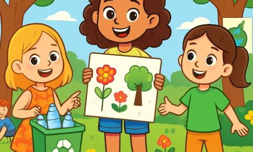 Trois personnages sont présents : Cécile, 9 ans, cheveux bruns et bouclés, t-shirt jaune et short en jean, tenant une affiche colorée ; Léa, 8 ans, cheveux blonds et lisses, robe à fleurs, montrant un bac de recyclage ; Amélie, 9 ans, cheveux châtains en queue de cheval, t-shirt vert et pantalon court, prête à lancer un jeu pour ramasser les déchets. Ils se trouvent dans un parc verdoyant avec des arbres et des fleurs colorées, sous un ciel bleu. Les trois amies organisent une journée écologique, entourées d'enfants qui nettoient le parc, créant une ambiance joyeuse et dynamique.