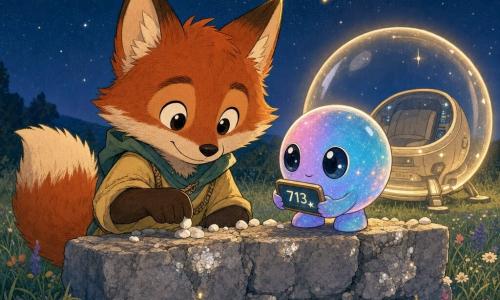 Un petit renard roux anthropomorphe nommé Pilo, concentré et serein, pose des petits cailloux blancs sur un vieux muret en pierre en comptant, à côté d'un petit extraterrestre rond nommé Zing, boule lumineuse bleu-rose aux yeux sombres, tenant un appareil affichant des chiffres; la capsule-bulle translucide de Zing flotte derrière lui en aspirant la lumière des grains de quartz du muret; clairière d'herbe basse et fleurs sauvages, ciel nocturne indigo parsemé d'étoiles et d'une pluie de météores dorés et argentés, ambiance tendre, éclairage doux rim light doré, style bande dessinée enfantine, couleurs pastel et textures douces.