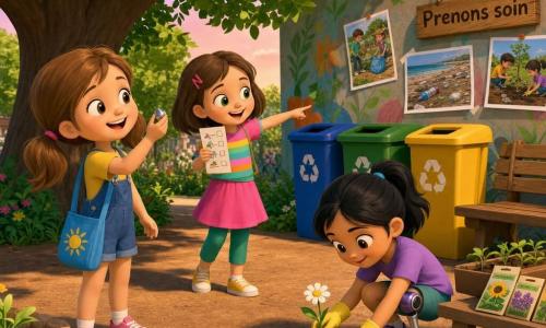 Trois filles de 5 ans plantent des fleurs au pied d’un mur d’images dans un parc sous un grand chêne : Léa, cheveux châtain clair en couettes, sac bleu brodé d’un soleil, tient une pierre brillante ; Mina, cheveux bruns courts, tenue colorée, tient une liste et montre une poubelle de tri ; Noor, cheveux noirs attachés, porte une prothèse à la jambe droite, accroupie avec des gants et une mini-pelle rouge plante une marguerite. On voit un sol de terre brune avec parterres naissants, trois bacs de tri (bleu, vert, jaune), un banc, une petite table avec des sachets de graines, et une pancarte en bois 