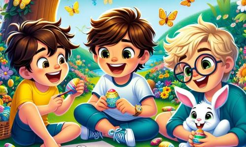 Dans un jardin magique, trois amis sont réunis : Tom, un garçon de quatre ans aux cheveux bruns en bataille, riant sur l'herbe ; Léo, avec des cheveux blonds et des lunettes rondes, tenant un œuf coloré ; et Max, aux cheveux noirs et bouclés, allongé sur le ventre, dessinant un lapin. Le jardin est rempli de fleurs éclatantes et de papillons, avec un grand arbre chargé de guirlandes d'œufs en chocolat. Ils partagent un pique-nique joyeux avec des biscuits et des bonbons, tout en discutant de leur rêve d'un jardin magique.