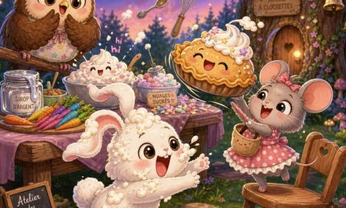 Barnabé, petit lapin blanc aux grandes oreilles tordues et yeux pétillants, couvert de chantilly qui rit, court en riant vers une tarte sautillante ; Zoé, minuscule souris grise en robe à pois, souriante, tient la tarte à moitié dans sa poche debout sur une chaise à côté de lui ; Odile la chouette ronde, coiffée d’une toque de chef, perchée sur une branche, a l’air surprise et amusée. Sur une table bancale : ingrédients colorés (carottes arc‑en‑ciel, sirop argenté, pépites de nuages, chantilly), ustensiles flottants. Décor : clairière enchantée au crépuscule avec herbe mousseuse, champignons, guirlandes de lanternes et grand arbre à cloches. Scène principale : moment comique et mouvementé où la tarte magique saute, Barnabé glisse sur une épluchure, Zoé l’attrape, expressions exagérées, ambiance lumineuse et couleurs pastel vives, style chibi kawaii aux traits doux et contours épais.