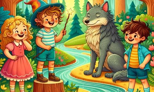 Dans une forêt enchantée, quatre amis se tiennent près d’un ruisseau scintillant : Léa, 7 ans, souriante dans sa robe rose ; Tom, 8 ans, riant avec son t-shirt rayé ; Mia, 6 ans, fascinée par un loup avec sa canne magique ; et Noah, 9 ans, amical avec son grand chapeau bleu. Le loup, aux poils gris et aux yeux doux, est assis sur un tronc, les larmes aux yeux, mais sourit. La scène est magique, avec des arbres majestueux et des fleurs éclatantes. Les enfants jouent avec le loup, montrant que l'amitié peut surmonter la peur, transformant le loup, autrefois perçu comme méchant, en un ami joyeux.