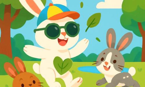 Léo, un petit lapin aux grandes oreilles et à la fourrure blanche, saute joyeusement dans un parc ensoleillé, souriant avec un chapeau coloré et des lunettes de soleil, tenant une feuille verte. À ses côtés, Lila, une lapine marron aux yeux pétillants, rit avec une feuille en forme de cœur, assise sur l'herbe entourée de fleurs. Tom, un lapin gris tacheté, fait des sauts en cherchant d'autres feuilles. Le parc est verdoyant avec des arbres majestueux, des fleurs éclatantes et un ciel bleu clair. Léo et ses amis explorent le parc, ramassent des feuilles et rient ensemble, créant des souvenirs d'été.