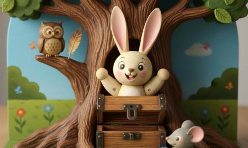 Petit lapin en bois peint crème et rose aux grandes oreilles droites, sourire joyeux et yeux brillants, devant un coffre en bois ouvert, bras levés ; petit hibou en bois brun et beige avec lunettes peintes, regard sage et plumes stylisées, perché sur une branche du vieux chêne à gauche ; petite souris en bois grise à queue fine, yeux ronds curieux, accroupie à droite du coffre touchant délicatement un livre coloré ; vieux chêne massif au centre à écorce texturée brun foncé, larges branches à feuilles vertes et racines sculptées entourant le coffre ; en arrière-plan parc avec pelouse verte, petites fleurs multicolores, papillons stylisés et ciel bleu clair éclairé d'une douce lumière de fin de matinée — scène centrée, chaleureuse et joyeuse, couleurs vives, textures bois visibles, ambiance d'aventure et de découverte paisible.