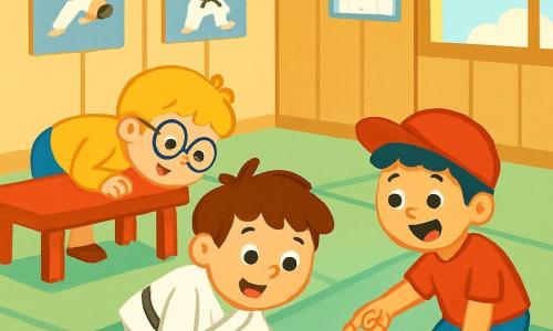 Trois personnages sont présents : Paul, un garçon de 7 ans avec des cheveux bruns en bataille et un grand sourire, cherche sa ceinture de judo près d'un tapis, accroupi. Max, un garçon de 6 ans aux cheveux blonds et lunettes rondes, regarde sous un banc avec curiosité. Leo, un garçon de 7 ans avec des cheveux noirs et une casquette rouge, est à genoux, souriant, et a trouvé la ceinture de Paul sous un tapis. L'action se déroule dans un dojo lumineux avec des murs en bois clair et des tatamis verts, décoré de posters de judokas célèbres et baigné de lumière. Paul, un peu triste, est aidé avec enthousiasme par Max et Leo, formant une belle équipe prête à s'amuser et à apprendre le judo.