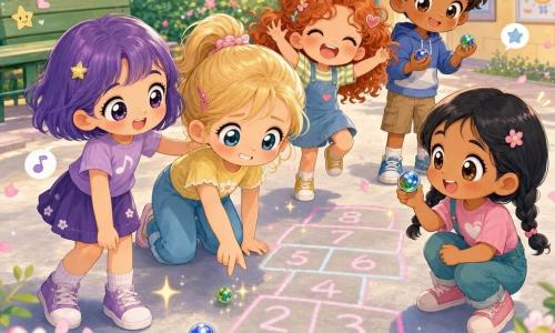Cinq enfants dans une cour d'école ensoleillée : Lila (~7 ans, cheveux violets courts, peau claire) à gauche chante doucement en posant une main sur l’épaule de Zoé; Zoé (~6 ans, blonds en couette, peau claire) au centre tente de lancer une bille en souriant gênée; Amira (~7 ans, cheveux noirs en tresses, peau hâlée) à droite montre comment lancer une grosse bille brillante; Margot (~6 ans, cheveux roux bouclés, peau claire) rit en sautillant derrière Zoé; Hugo (~7 ans, cheveux bruns, peau un peu plus foncée) un peu en retrait tient deux billes et montre une technique différente; sol en ciment avec marelle rose et bleue au craie, banc vert, arbuste fleuri et bâtiment jaune pâle en arrière-plan, ambiance kawaii pastel avec ombres douces, pétales flottants et étoiles scintillantes autour des billes.