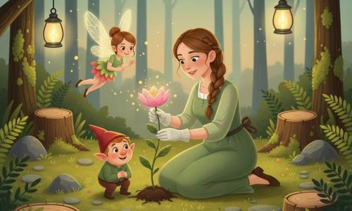 Amélie, jeune femme, sourit en replantant au centre d'une clairière forestière une fleur rosée émettant une lueur dorée; elle porte une robe vert clair, cheveux châtains tressés et petits gants en lin. Une petite fée lumineuse aux ailes translucides et robe en pétales vole près de son épaule en dispersant des éclats dorés, et un lutin rond au chapeau pointu rouge est accroupi près des racines. Ambiance magique et sereine au crépuscule, clairière mousseuse avec souches, fougères et lampes en verre, couleurs chaudes, style simple et lisible pour tout-petits.