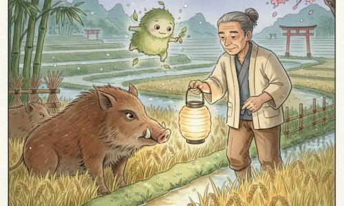 Kenji, vieil homme aux cheveux gris en chignon, tient une lanterne en papier et tend la main vers une femelle sanglier méfiante mais apaisée accroupie au bord d'une rizière en terrasses au crépuscule; un petit kodama lumineux descend d'un cerisier et observe la scène; ambiance tendre aux teintes ocres, verts moussus et bleu-lilas, brume légère et reflets d'eau.