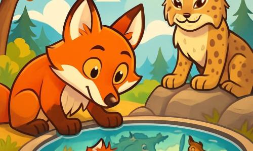 Un renard aux poils rutilants, Amadeus, se tient au bord d'un bassin d'eau cristalline, fasciné par son reflet où se dessinent des scènes de ses aventures. À proximité, un lynx majestueux nommé Hermès l'observe avec bienveillance, dégageant une aura de sagesse. Le décor est une clairière ensoleillée au sommet d'une montagne, entourée d'arbres aux feuilles dorées et de nuages cotonneux dans un ciel bleu éclatant. Amadeus découvre la vérité sur lui-même en regardant dans le bassin, tandis qu'Hermès lui offre des conseils sages, créant un moment de connexion et de réflexion profonde.