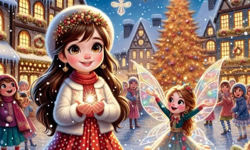 Lila, une petite fille de 9 ans aux cheveux châtains ornés d'étoiles dorées, se tient au centre de l'image, souriante et tenant un éclat de magie dans ses mains, entourée de flocons de neige. À ses côtés, Étoile, la fée de Noël, flotte avec ses ailes translucides et sa robe de pétales multicolores, souriant à Lila. En arrière-plan, le village de Lumière-en-Neige est recouvert de neige, avec des maisons en bois décorées et un grand sapin de Noël illuminé, où des enfants chantent des chants de Noël. La scène illustre la magie de Noël que Lila et Étoile s'apprêtent à partager avec le village.