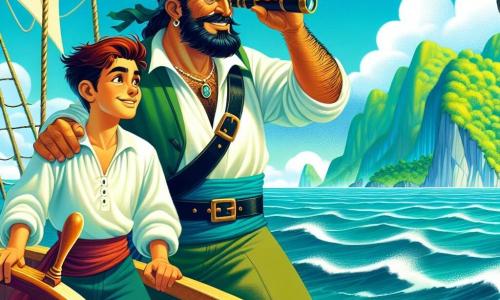 Le capitaine Alaric, un homme robuste d'une quarantaine d'années, se tient à la proue de son navire, le "Vent d'Argent". Sa barbe noire et sa chemise blanche flottent au vent, tandis qu'il scrute l'horizon avec une longue-vue, l'excitation dans les yeux. À ses côtés, Émile, son jeune second aux cheveux roux, ajuste les voiles et échange des regards complices avec Alaric. Le navire navigue sur une mer bleue sous un ciel dégagé, avec des falaises verdoyantes en arrière-plan, annonçant l'approche de l'Île Cachée. Ils ressentent une grande excitation à l'idée de découvrir le trésor caché qui les attend.