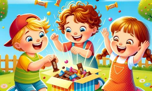 Léon, un petit garçon de 3 ans aux cheveux bouclés et dorés, se tient au centre de l'image, émerveillé par une boîte en carton colorée qui s'ouvre et laisse échapper des bonbons en chocolat. À sa droite, sa meilleure amie Zoé, également âgée de 3 ans, ramasse un bonbon avec enthousiasme. À gauche, Max, un garçon de 3 ans avec une casquette rouge, est prêt à sauter de joie. Le décor est un jardin ensoleillé avec des fleurs colorées et un ciel bleu. Les trois enfants, entourés de bonbons, rient et s'amusent, prêts à découvrir le mystère de la boîte magique.