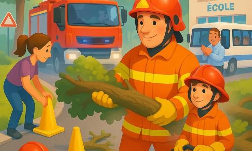 Un grand arbre tombé bloque la rue devant une école aux fenêtres colorées; des pompiers — un homme au casque rouge qui soulève une grosse branche, Léa aux cheveux attachés qui place des cônes jaunes et surveille, et Lucas, adolescent en tenue trop grande tenant une scie éteinte — dégagent les branches ensemble pendant qu’un chauffeur de bus applaudit près du bus scolaire blanc et bleu et que des enfants regardent aux fenêtres; atmosphère d’entraide calme, ciel bleu pâle, pelouses et panneaux, rendu en couleurs vives, formes douces, textures papier et ombres subtiles.