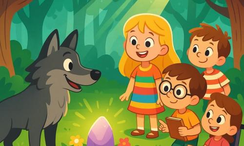 Quatre enfants se trouvent dans une clairière enchantée au cœur d'une forêt. Lucie, 8 ans, avec de longs cheveux dorés et une robe colorée, est fascinée par la scène. Hugo, 9 ans, porte des lunettes rondes et observe un loup avec curiosité. Léa, 8 ans, sourit depuis son fauteuil roulant décoré en pointant une pierre lumineuse. Tom, 7 ans, avec un air espiègle, est prêt à faire une blague. Au centre, une pierre lumineuse brille entourée de fleurs colorées, tandis que le Grand Méchant Loup, souriant, se présente comme un guide bienveillant, surprenant mais n'effrayant pas les enfants.