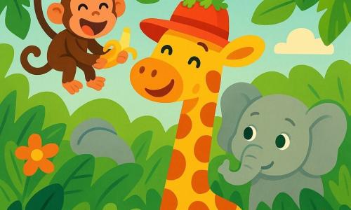 Gigi la girafe, avec son long cou tacheté et son chapeau rouge, sourit joyeusement. Elle se tient dans une jungle verdoyante, entourée de grandes feuilles et de fleurs colorées. Toto le singe, accroché à une branche au-dessus d'elle, rit en grignotant une banane. Mimi l’éléphant, à côté de Gigi, l'observe avec curiosité. Lili la grenouille, perchée sur sa tête, éclate de rire. La scène est ensoleillée et pleine de couleurs vives. Gigi cherche son chapeau rouge pendant que ses amis s'amusent autour d'elle, créant une ambiance joyeuse.