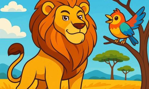 Un lion majestueux, avec une crinière dorée et des yeux brillants, se tient fièrement au centre de la savane, affichant une expression de fierté. À ses côtés, un petit oiseau aux plumes multicolores chante joyeusement sur une branche. En arrière-plan, un vaste paysage de savane s'étend avec des herbes dorées, des acacias et un ciel bleu parsemé de nuages. La scène montre le lion réalisant que sa force ne peut pas contrôler la liberté de ceux qui volent.