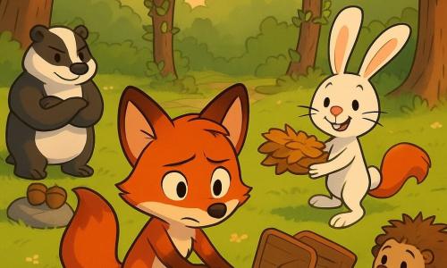 Un renard roux au pelage lustré, penaud mais déterminé, pousse un tas de feuilles avec une branche tandis qu’une lapine blanche au nez collant et une charrette renversée sourit malgré la confiture sur ses moustaches; à gauche un blaireau trapu aux bras croisés observe près de noisettes, une écureuil rousse glisse en portant des feuilles et un hérisson rond roule près d’un pot de confiture; dans une clairière herbeuse bordée d’arbres et d’un petit ruisseau, amis nettoient ensemble après une grosse blague, atmosphère chaleureuse et lumière douce de fin d’après-midi.