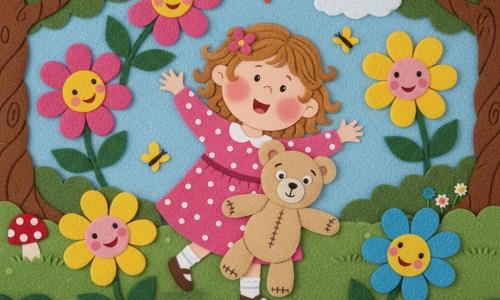 Une fillette de 2 ans, cheveux bouclés châtain clair, joues rondes, robe rose à pois blancs, souriante et émerveillée, danse au centre d’un cercle de grandes fleurs colorées (rose, jaune, bleu) aux visages rieurs pendant que son ours en peluche beige, Pompom, assis à côté d’elle, semble participer ; le décor est un jardin féerique aux arbres torsadés, champignons ronds, herbe en feutrine et petits papillons, ciel bleu clair et soleil souriant, ambiance ludique et textures douces rappelant un tableau de feutrine.