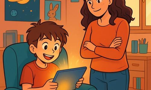 Lucas, un garçon de 12 ans aux cheveux châtains et ébouriffés, est assis sur un fauteuil confortable, les yeux brillants d'excitation et un grand sourire. Il tient une tablette lumineuse dans ses mains, tandis que sa maman, une femme d'une trentaine d'années aux cheveux longs et bouclés, l'observe avec fierté. La chambre est chaleureuse, décorée de posters de planètes et d'animaux, avec un tapis coloré et une lumière du soleil qui entre par la fenêtre. Des livres et des crayons sont éparpillés sur le bureau, illustrant l'équilibre entre apprentissage et jeu. Lucas découvre sa nouvelle tablette, émerveillé par ses possibilités, tandis que sa maman l'encourage, créant une atmosphère joyeuse.