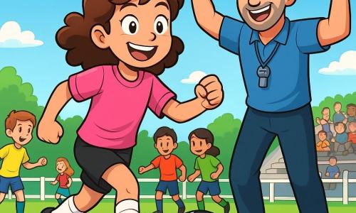 Zoé, une fille de 12 ans, est au centre de l'image, avec des cheveux bruns et bouclés, en maillot de football rose et short noir. Elle sourit, excitée, dribblant un ballon sur le terrain. Son entraîneur, un homme d'une quarantaine d'années avec des cheveux grisonnants et un sifflet, l'encourage fièrement. En arrière-plan, un groupe d'enfants s'entraîne en faisant des passes, vêtus de maillots colorés. Le terrain est verdoyant, entouré de barrières blanches, sous un ciel bleu avec quelques nuages. Des spectateurs applaudissent dans les gradins. Zoé est concentrée et déterminée, prête à marquer un but, tandis que ses coéquipiers l'observent avec admiration.