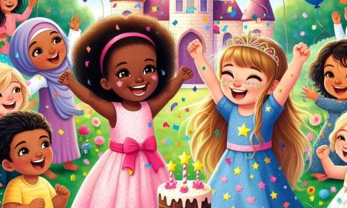 Deux petites filles de trois ans, Lina et Zoé, sont au centre de l'image. Lina, avec de longs cheveux bruns et une robe rose à pois, sourit en tenant un gâteau au chocolat décoré d'étoiles en sucre. À côté d'elle, Zoé, avec des cheveux blonds en couettes et une robe bleue, lève les bras, entourée de confettis multicolores. Le décor est un jardin verdoyant avec des fleurs colorées et un grand château gonflable en arrière-plan. Des ballons flottent et des voisins dansent autour d'elles, créant une atmosphère festive. La scène montre Lina et Zoé célébrant l'anniversaire de Lina, entourées de leurs amis, sous une pluie de confettis, capturant la magie et la joie de cette journée spéciale.