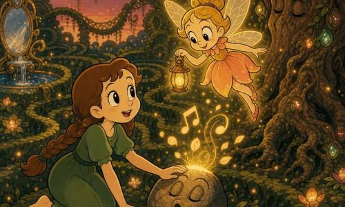 La fée Lume, minuscule et lumineuse, ailes translucides nervurées, robe en pétales orange-rose, visage doux et souriant tenant une petite lanterne dorée, paraît bienveillante et penchée en avant pour guider; Miralune, fille d’environ 10 ans aux cheveux bruns en tresse, robe verte simple et pieds nus, est agenouillée en posant la main sur une pierre chantante, le regard émerveillé tourné vers Lume; en arrière-plan à droite se dresse un vieux chêne massif à écorce ridée et racines entremêlées, feuilles scintillantes comme des bijoux; autour, le Labyrinthe des Souffles avec allées de mousse, haies ondulantes, lianes en ponts, poussière dorée flottante, fleurs luminescentes et une fontaine-miroir partiellement visible à gauche; Lume éclaire la pierre où Miralune pose la main, de petites notes musicales et pétales dorés s’élèvent, l’atmosphère est magique, calme et baignée de couleurs chaudes (or, vert profond, rose crépuscule).