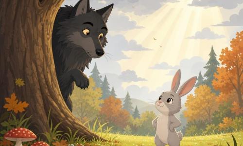 Théo, petit lapin au pelage gris clair velouté, grandes oreilles droites et yeux en forme d'étoile, sûr de lui et tranquille, debout sur ses pattes arrière poitrine en avant, fait face à un grand loup stylisé réaliste à fourrure gris anthracite et yeux dorés perçants, surpris et intrigué, reculé derrière un gros chêne à gauche la patte levée comme hésitant; la scène se déroule dans une clairière avec herbe mouillée de rosée, tapis de feuilles automnales orange et marron, champignons colorés et rayons de soleil dorés perçant des nuages gris clair; confrontation pacifique où le lapin tient sa position et le loup s'arrête, atmosphère douce et légèrement dramatique; plan mi-large au niveau des yeux, espace négatif autour pour valoriser la clairière, formes simples et contours nets, palette pastel chaude à contrastes doux; style vecteurs plats, ombres minimalistes, lignes nettes, sans texture réaliste, rendu lisible et adapté aux enfants.