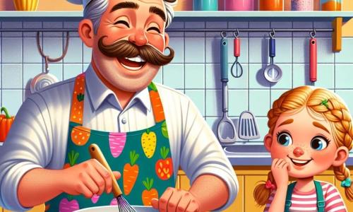Un chef cuisinier jovial avec une toque blanche sourit largement en mélangeant une pâte dans un grand saladier, entouré de légumes frais et d'ustensiles de cuisine. À ses côtés, Lily, une petite fille de 7 ans avec des cheveux blonds en tresses, observe avec émerveillement, tenant une carotte. Max, un garçon de 6 ans aux cheveux châtains, est accroupi près d'une boîte d'œufs, prêt à apprendre à casser un œuf. La scène se déroule dans une cuisine lumineuse aux murs jaunes, remplie de pots d'épices et de fleurs. Le chef Gaston et les enfants préparent un festin, riant et échangeant des idées dans une atmosphère joyeuse.