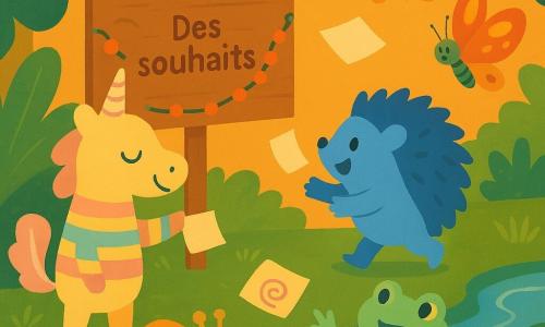 Lumo, petit animal imaginaire à cornes en sucre et queue en plume, sourit serein en pull rayé pastel en tenant une étiquette accrochée au panneau des souhaits; Plic, hérisson bleu rond, roule près du panneau pour protéger une étiquette volante; Dame Bulle, grenouille translucide surprise, est accroupie au ruisseau prête à attraper une étiquette; deux sœurs Papillunes, papillons tachetés, forment un cercle en riant autour d'une étiquette en vol; un escargot à coquille dorée trace une spirale violette sur une petite étiquette sur l'herbe; la clairière chaleureuse — feuilles texturées, ruisseau scintillant, lanternes de mousse, cailloux chantants et grand panneau décoré — baigne dans la lumière dorée du crépuscule; une étiquette de vœu s'envole au vent joueur et tous coopèrent, gestes précis et expressions gaies, pour la rattraper; couleurs vives en aplats, contours doux, composition simple et festive.