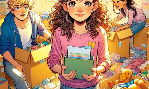 Maëlle, une fille de 12 ans aux cheveux bruns bouclés et aux yeux curieux, se tient au centre de l'image, souriante et enthousiaste, entourée de cartons colorés. Elle porte un t-shirt rose et un jean, tenant une lettre pleine d'espoir. À ses côtés, Lucas, un garçon de 12 ans aux cheveux blonds et lunettes, admire en tenant un carton de jouets. Laura, une fille de 11 ans aux cheveux longs et lisses, porte un pull bleu et aide à trier des vêtements avec un sourire. La scène se déroule dans une salle de classe lumineuse, avec des affiches colorées et des fenêtres laissant entrer la lumière, où ils rassemblent des dons pour des familles dans le besoin, créant une atmosphère de solidarité et de joie.