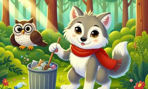 Un petit loup nommé Léo, avec un pelage gris doux et des yeux curieux, ramasse des déchets dans une forêt verdoyante. Il porte une écharpe rouge et affiche une expression joyeuse et déterminée. À ses côtés, Téo le hibou, perché sur une branche avec de grandes lunettes rondes et des plumes brunes, observe Léo avec un sourire fier tout en lui donnant des conseils sur la protection de la nature. La scène se déroule dans une forêt enchantée, pleine d'arbres majestueux, de fleurs colorées et de rayons de soleil, créant une ambiance chaleureuse. Léo et Téo travaillent ensemble pour nettoyer la forêt, soulignant l'importance de préserver leur environnement.