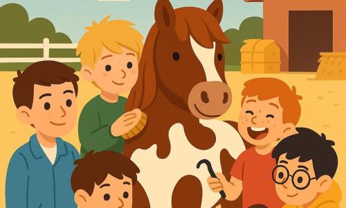 Cinq personnages : Simon (garçon 9 ans, cheveux bruns courts, sourire confiant, veste bleu clair) à gauche caressant la nuque du poney avec la main droite ; Noé (garçon 9 ans, cheveux blonds en bataille, air timide, pull vert) centre-gauche, brossant l’encolure ; Thomas (garçon 9 ans, cheveux roux, taches de rousseur, t-shirt rouge) centre-droit, tenant un cure-pied en riant ; Léo (garçon 9 ans, cheveux noirs, lunettes rondes, sweat jaune) à droite, penché pour aider à poser la selle ; et le poney Biscotte (petit poney pie, crinière en mèches douces, regard calme) au centre, immobile et détendu. Lieu : écurie et manège en arrière-plan avec sol de sable pâle, barrières blanches, tas de foin, boîte à outils et râtelier, ciel matinal doux. Scène : les garçons s’occupent du poney avant la promenade (brossage, vérification des sabots, pose de la selle), composition en demi-cercle, lumière douce du matin, formes simples et couleurs vives et contrastées.
