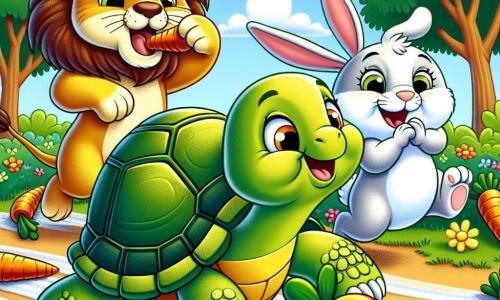 Toti la tortue, avec sa carapace verte et ses grands yeux joyeux, avance lentement en grignotant une carotte. À côté d'elle, Léon le lion, avec sa crinière dorée, saute joyeusement pour l'encourager. Bibi la lapine, aux grandes oreilles blanches, applaudit avec enthousiasme, prête à participer à la course. La scène se déroule dans une clairière ensoleillée, entourée d'arbres verts et de fleurs colorées. Des carottes forment un chemin sur le sol. Toti, amusée, participe à une course de carottes avec ses amis, tous riant et s'amusant ensemble.