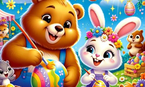 Un ours joyeux nommé Oscar, avec un pelage doré et des yeux pétillants, peint des œufs de Pâques colorés avec un grand sourire. À ses côtés, une petite lapine nommée Lila, avec de grandes oreilles et un pelage blanc, rit en ajoutant des fleurs sur un œuf. Le décor est un marché de Pâques animé, rempli de stands colorés, de fleurs éclatantes et de douceurs, sous un ciel bleu ensoleillé. Oscar et Lila sont entourés d'œufs décorés, tandis qu'un écureuil curieux et un hérisson amusé les regardent, impatients de participer à la fête. La scène dégage une atmosphère joyeuse et festive.