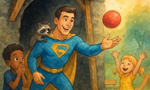 Un homme nommé Éclair, visage ouvert et souriant, costume bleu et cape dorée, tend la main pour attraper un ballon rouge coincé entre deux poutres en bois ; muscles souples, cheveux bruns courts, poussière sur ses bottes. Un garçon d’environ 8 ans, cheveux noirs courts, yeux émerveillés, se tient à gauche, mains devant la bouche, et une fille d’environ 6 ans, cheveux blonds en couettes, robe jaune tachetée, saute de joie à droite. Un petit raton laveur gris-brun, humide et reconnaissant, est perché sur l’épaule d’Éclair. Lieu : entrée d’une vieille mine en pierre foncée avec poutres en bois patinées, herbe du parc, toboggan et banc en arrière-plan, ciel pastel au coucher du soleil. Situation héroïque et chaleureuse : Éclair récupère le ballon et sauve le raton laveur pendant que les enfants acclament ; touches d’aquarelle suggèrent poussière et lumière dorée du crépuscule.