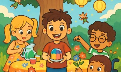 Quatre enfants se préparent pour une fête des pères enchantée sous un grand chêne. Léo, 10 ans, est au centre avec une gelée colorée, Mia, 9 ans, verse du jus dans des gobelets, Hugo, 10 ans, décore la table avec des fleurs, et Élise, 9 ans, assise dans son fauteuil roulant, saupoudre de la poussière de fée sur les friandises. La table est colorée et ornée de fleurs dansantes, tandis que des lanternes illuminent l'espace. L'atmosphère est joyeuse, remplie de rires et de magie.